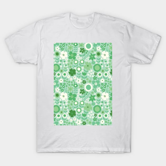 retro florals pattern, 70s groovy green flowers, flower market, scandinavian florals, green hues T-Shirt by blomastudios